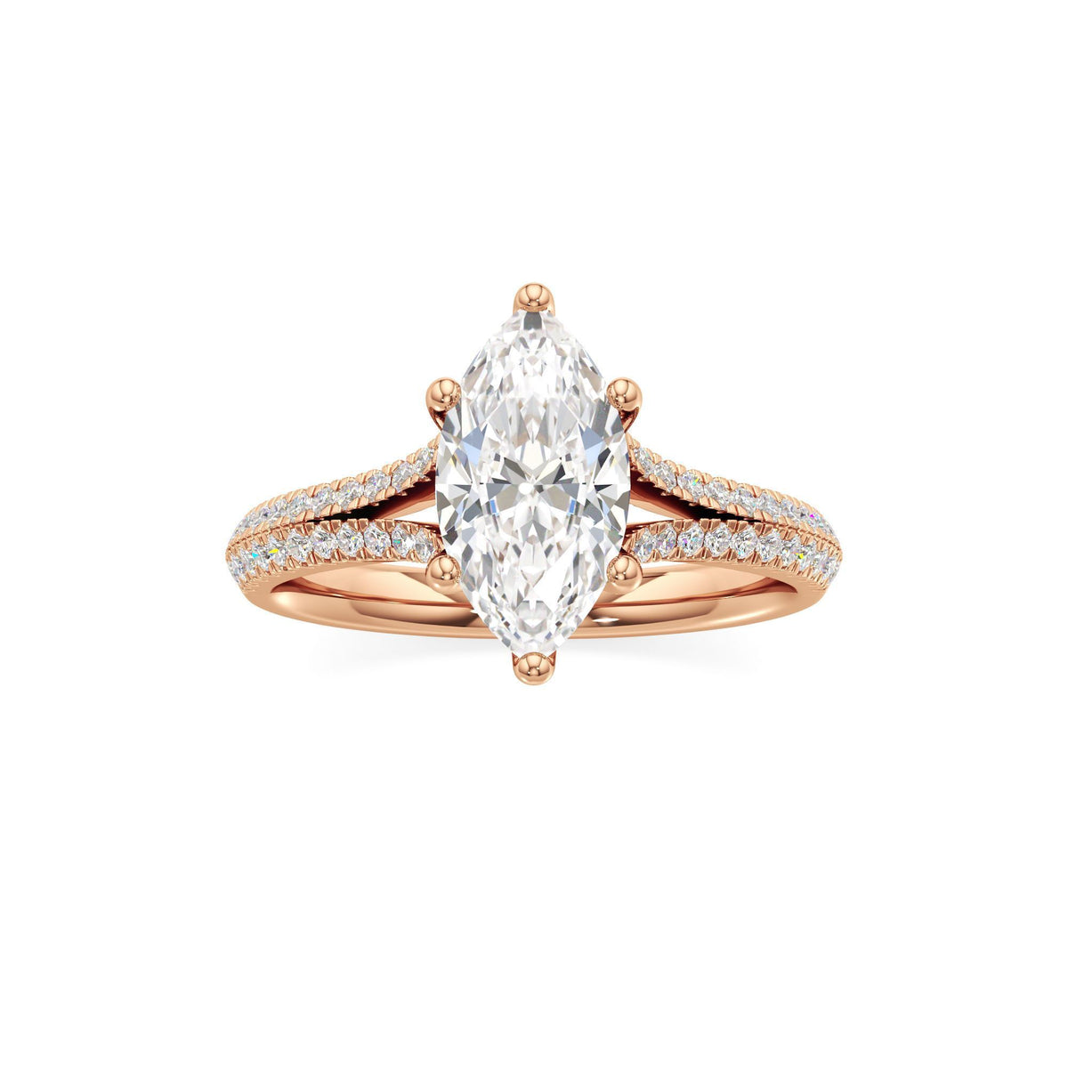 2 ct Split Shank Pavé Ring, IGI Certified Lab Grown Diamond, Four-Prong Solitaire 2ct Rose Gold Marquise