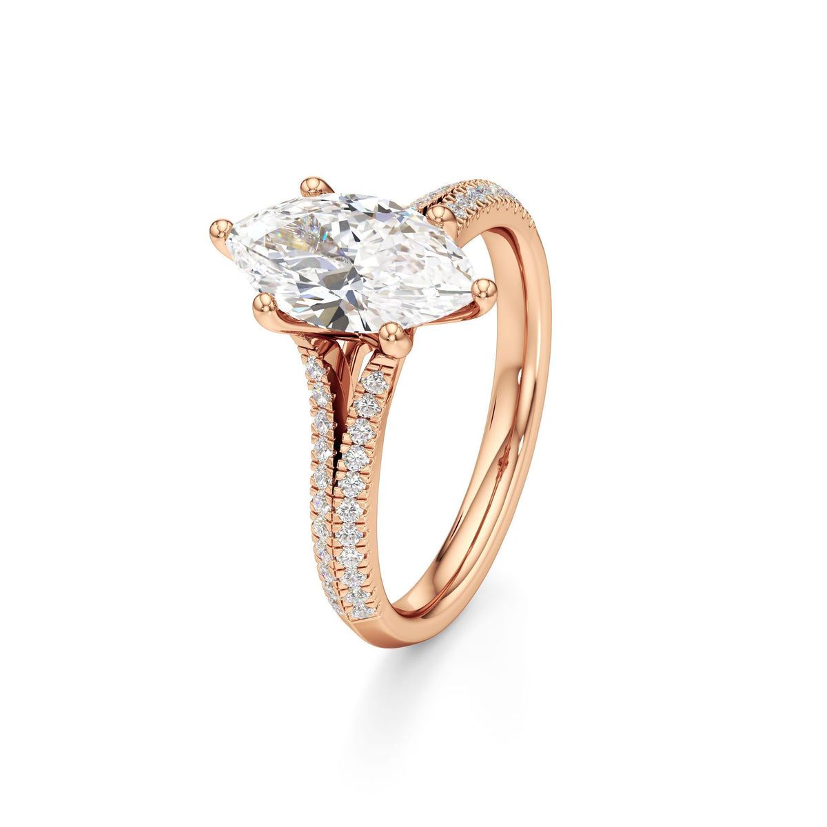 2 ct Split Shank Pavé Ring, IGI Certified Lab Grown Diamond, Four-Prong Solitaire 2ct Rose Gold Marquise