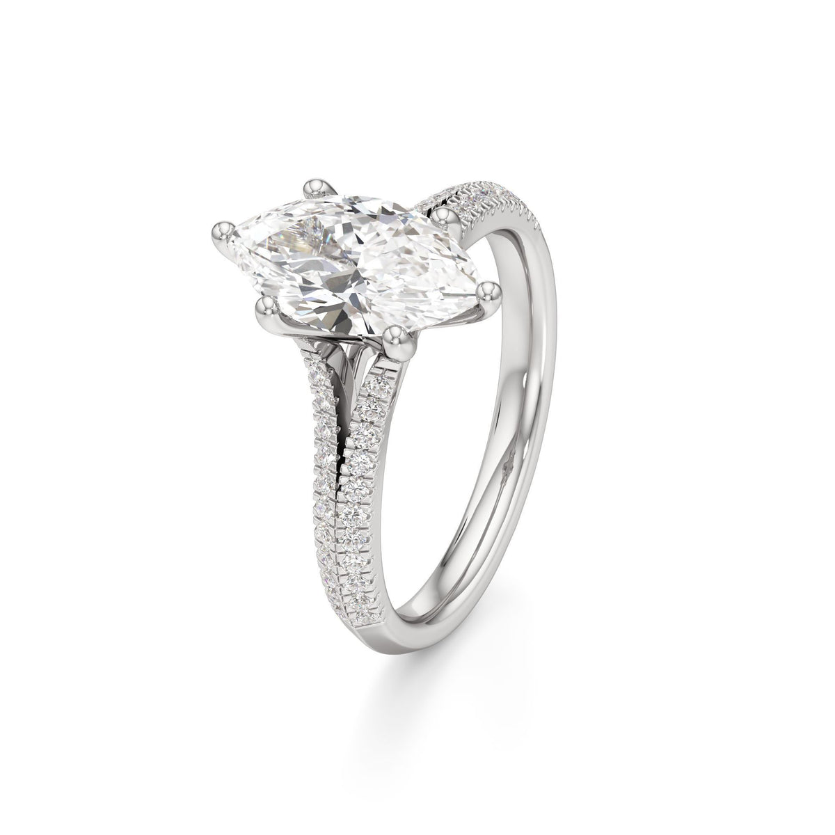 2 ct Split Shank Pavé Ring, IGI Certified Lab Grown Diamond, Four-Prong Solitaire 2ct White Gold Marquise