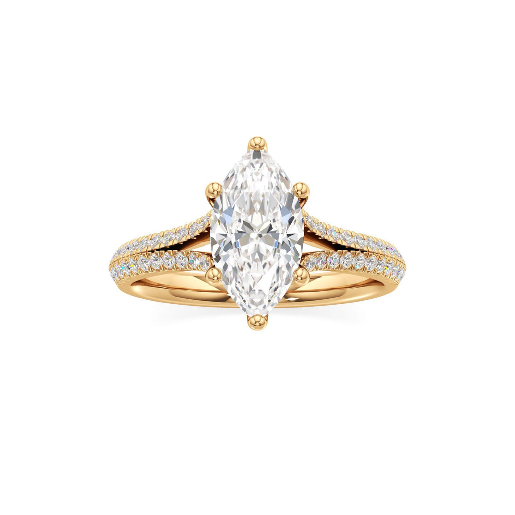 2 ct Split Shank Pavé Ring, IGI Certified Lab Grown Diamond, Four-Prong Solitaire 2ct Yellow Gold Marquise