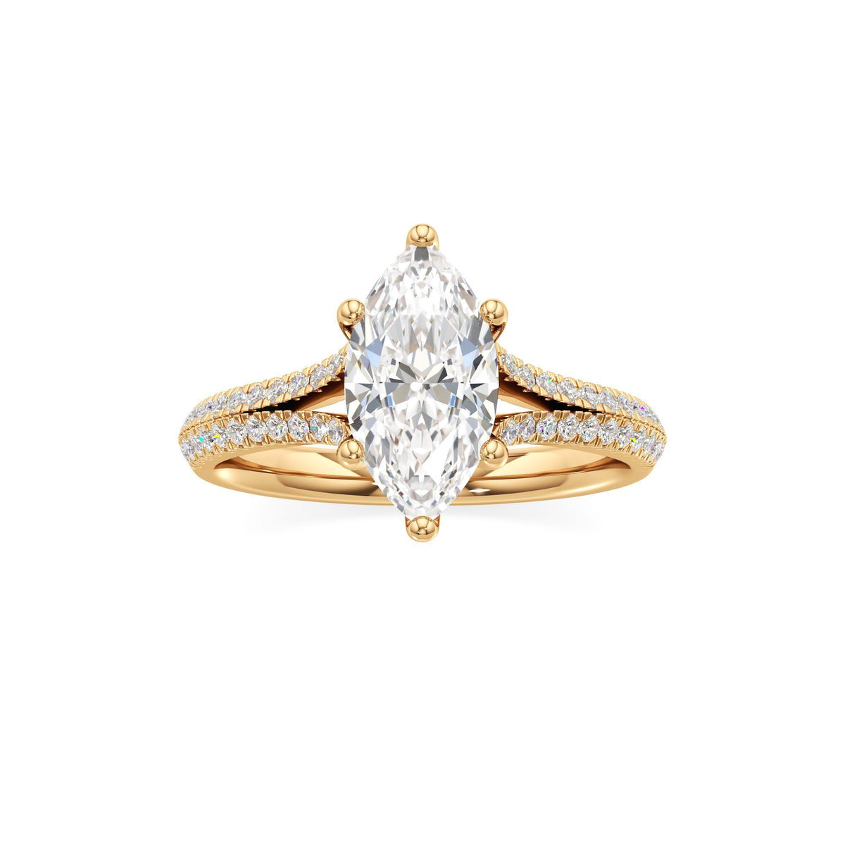 2 ct Split Shank Pavé Ring, IGI Certified Lab Grown Diamond, Four-Prong Solitaire 2ct Yellow Gold Marquise