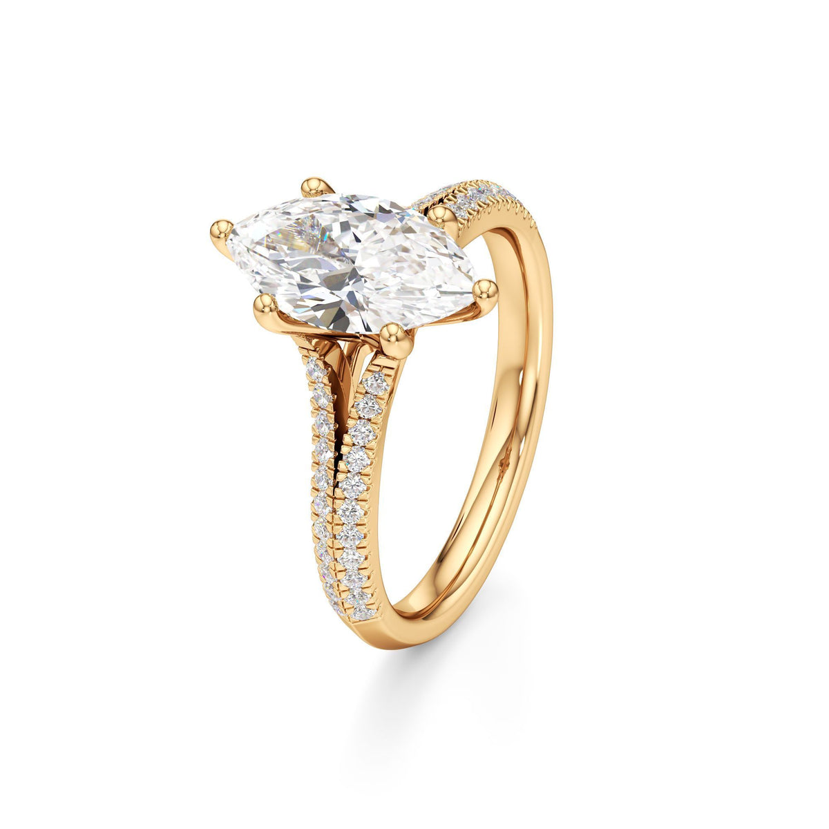 2 ct Split Shank Pavé Ring, IGI Certified Lab Grown Diamond, Four-Prong Solitaire 2ct Yellow Gold Marquise
