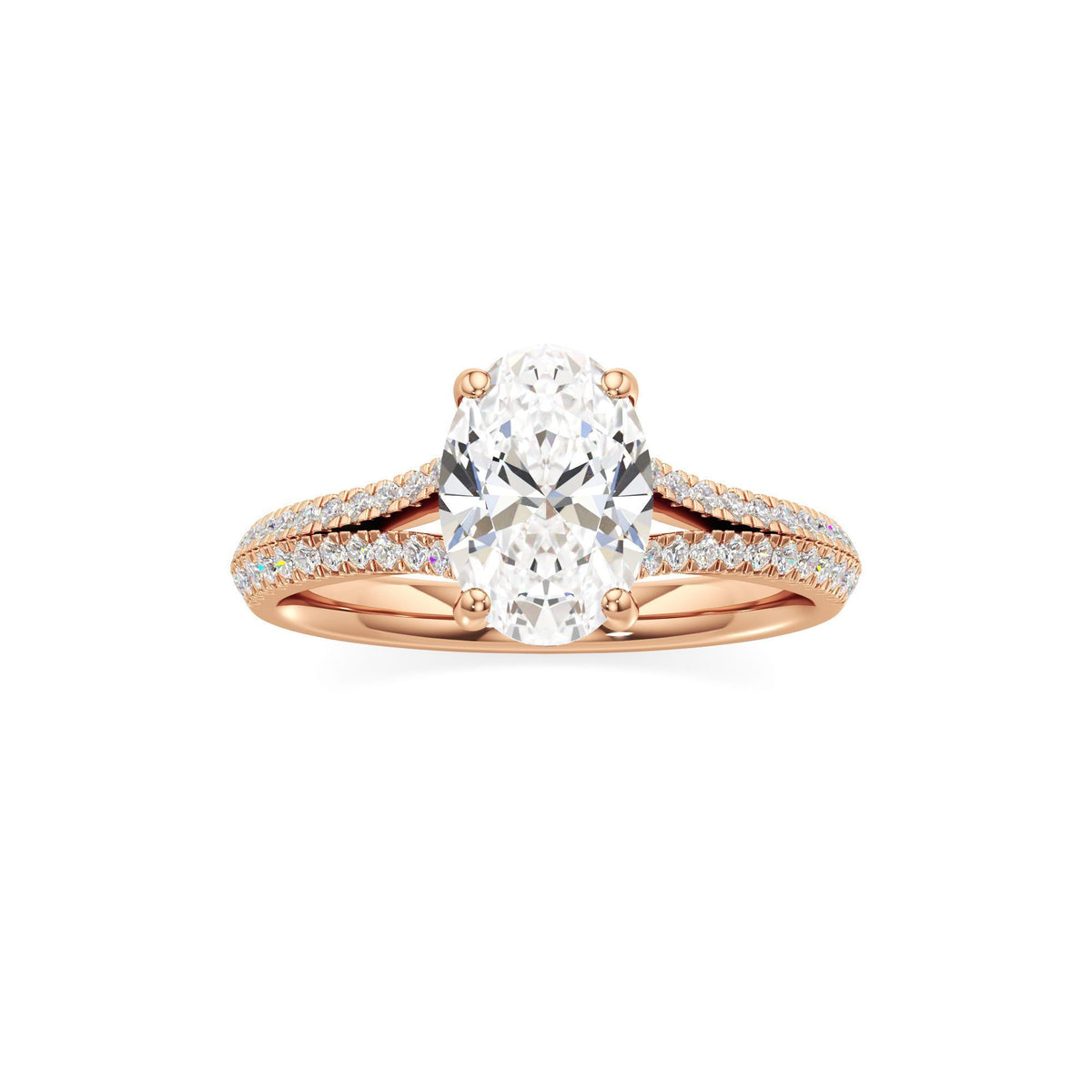 2 ct Split Shank Pavé Ring, IGI Certified Lab Grown Diamond, Four-Prong Solitaire 2ct Rose Gold Oval