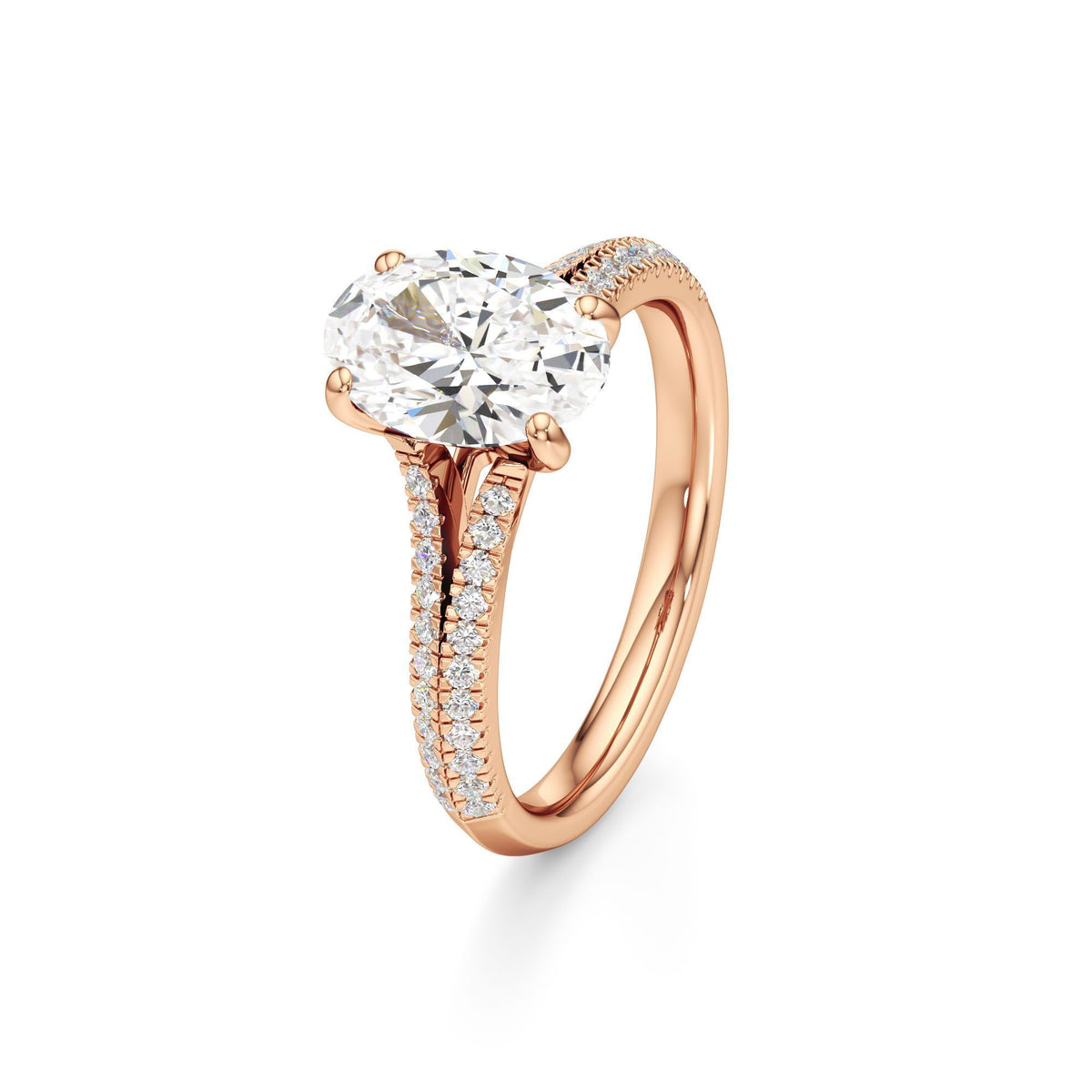 2 ct Split Shank Pavé Ring, IGI Certified Lab Grown Diamond, Four-Prong Solitaire 2ct Rose Gold Oval