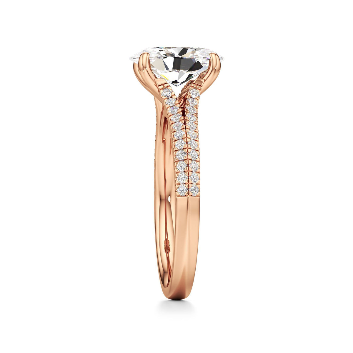 2 ct Split Shank Pavé Ring, IGI Certified Lab Grown Diamond, Four-Prong Solitaire 2ct Rose Gold Oval