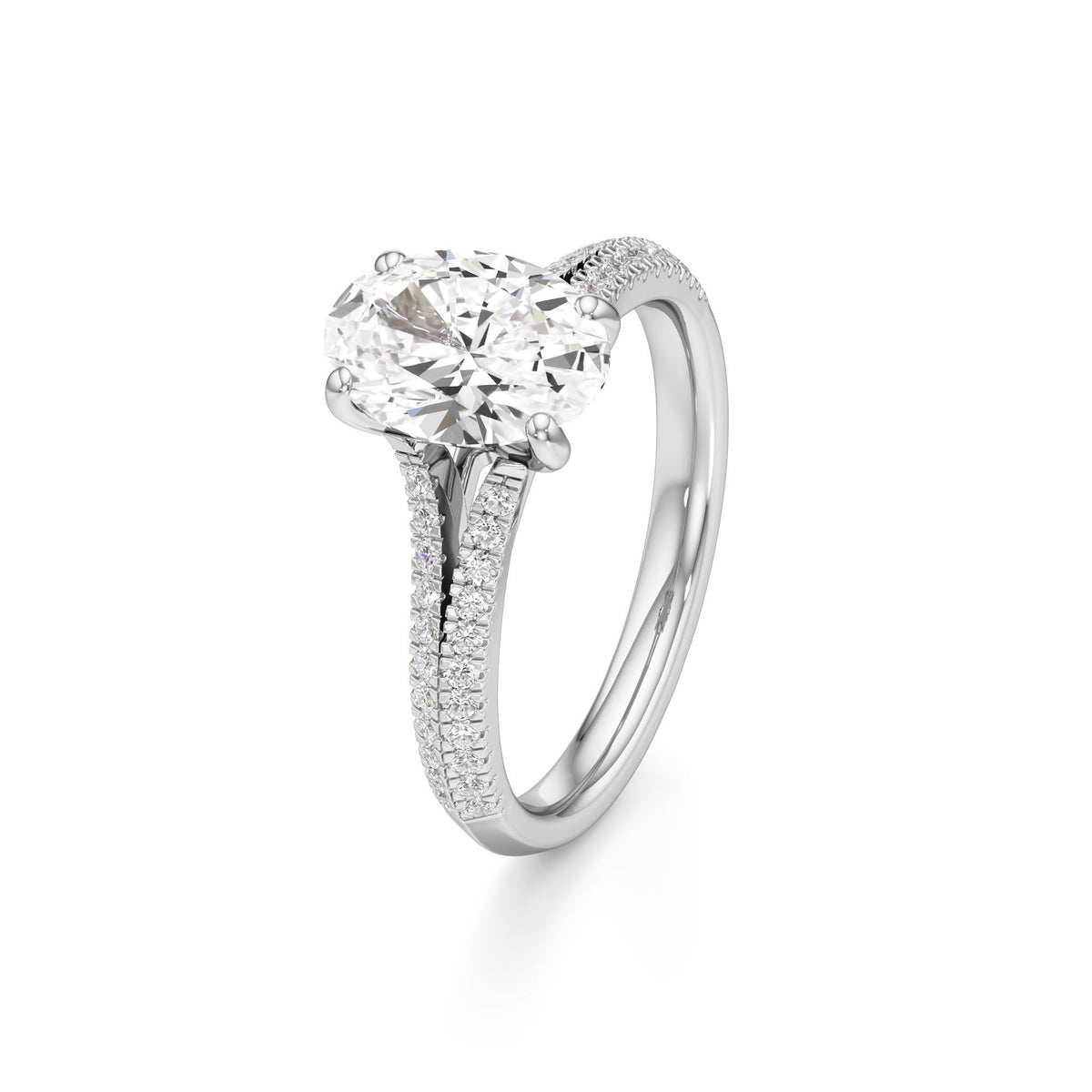 2 ct Split Shank Pavé Ring, IGI Certified Lab Grown Diamond, Four-Prong Solitaire 2ct White Gold Oval