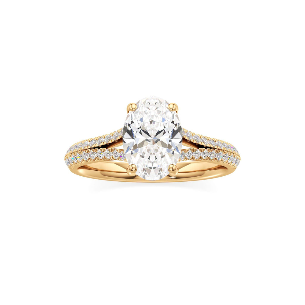 2 ct Split Shank Pavé Ring, IGI Certified Lab Grown Diamond, Four-Prong Solitaire 2ct Yellow Gold Oval