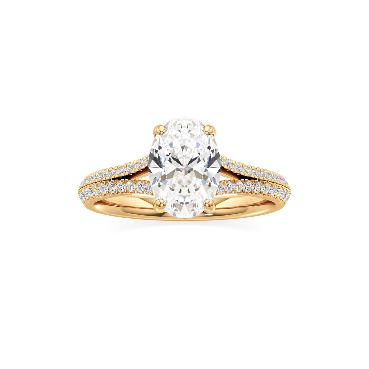 2 ct Split Shank Pavé Ring, IGI Certified Lab Grown Diamond, Four-Prong Solitaire 2ct Yellow Gold Oval
