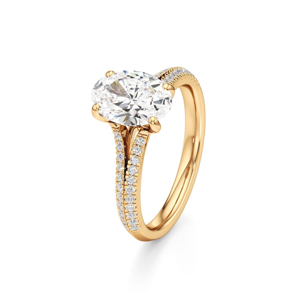 2 ct Split Shank Pavé Ring, IGI Certified Lab Grown Diamond, Four-Prong Solitaire 2ct Yellow Gold Oval
