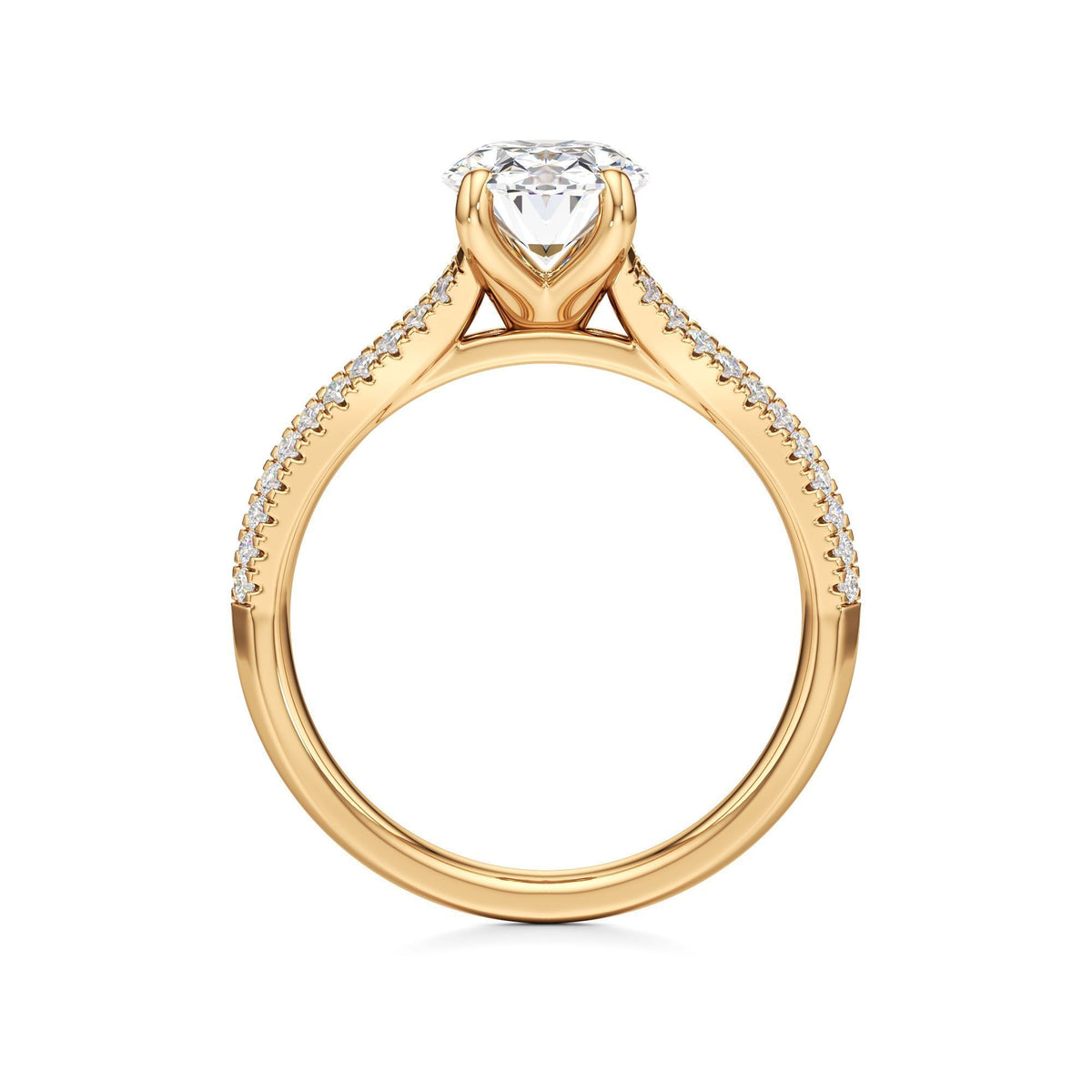 2 ct Split Shank Pavé Ring, IGI Certified Lab Grown Diamond, Four-Prong Solitaire 2ct Yellow Gold Oval