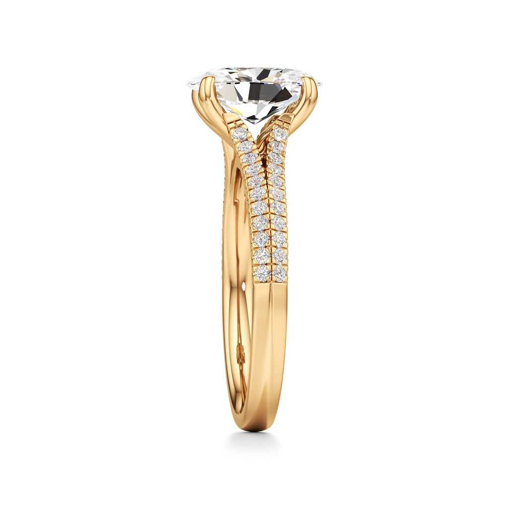 2 ct Split Shank Pavé Ring, IGI Certified Lab Grown Diamond, Four-Prong Solitaire 2ct Yellow Gold Oval