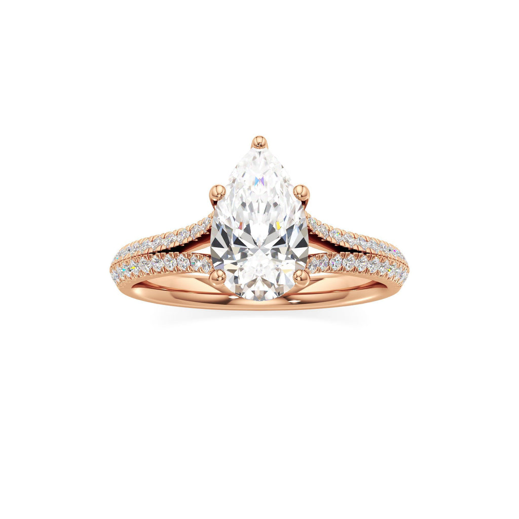 2 ct Split Shank Pavé Ring, IGI Certified Lab Grown Diamond, Four-Prong Solitaire 2ct Rose Gold Pear