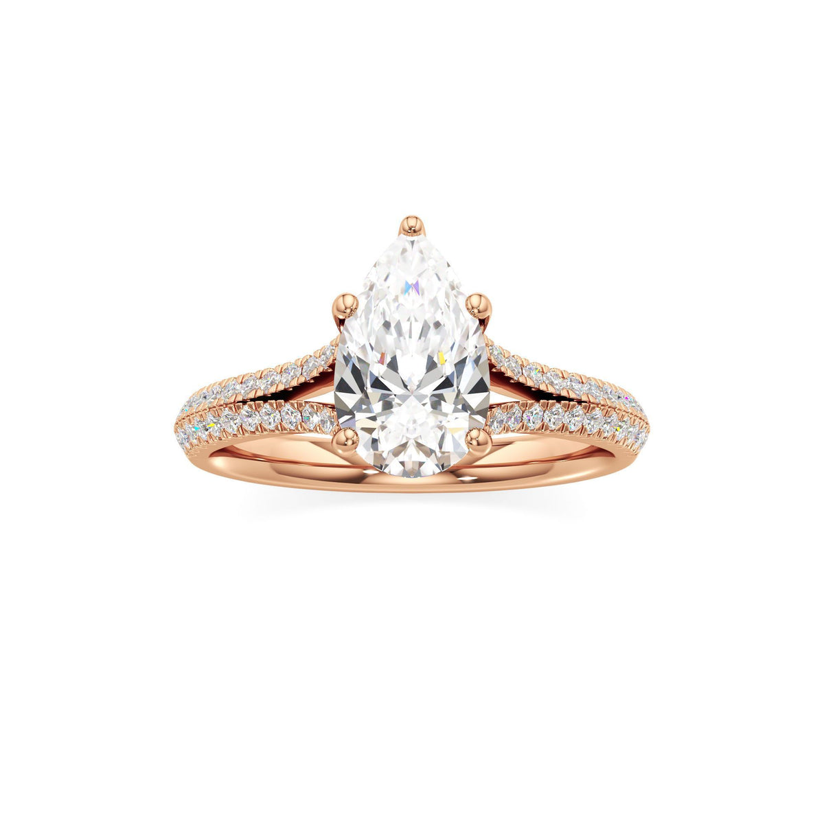 2 ct Split Shank Pavé Ring, IGI Certified Lab Grown Diamond, Four-Prong Solitaire 2ct Rose Gold Pear