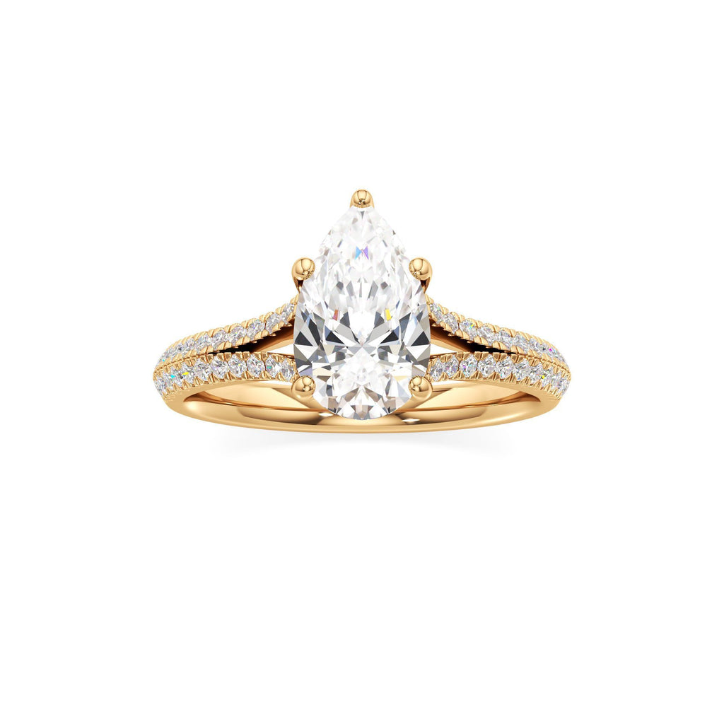 2 ct Split Shank Pavé Ring, IGI Certified Lab Grown Diamond, Four-Prong Solitaire 2ct Yellow Gold Pear