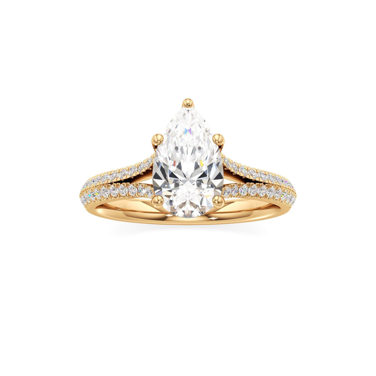 2 ct Split Shank Pavé Ring, IGI Certified Lab Grown Diamond, Four-Prong Solitaire 2ct Yellow Gold Pear