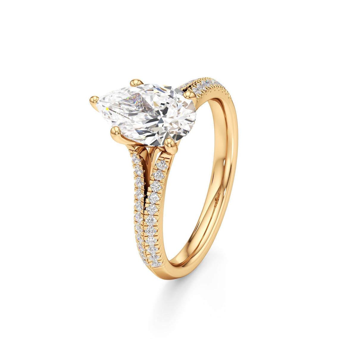2 ct Split Shank Pavé Ring, IGI Certified Lab Grown Diamond, Four-Prong Solitaire 2ct Yellow Gold Pear