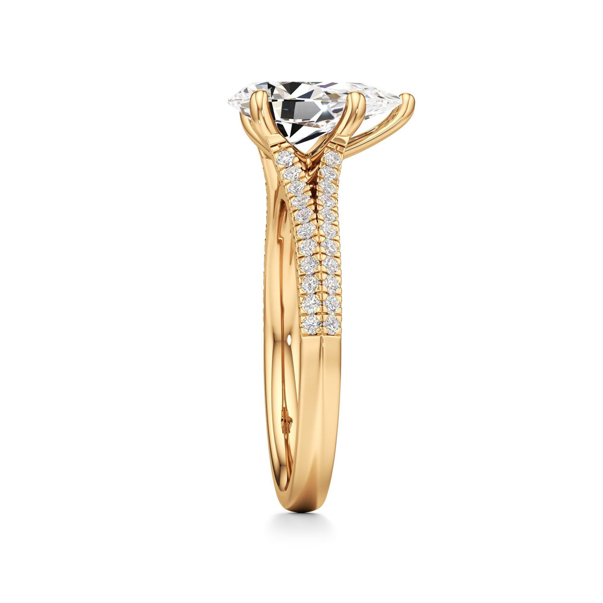 2 ct Split Shank Pavé Ring, IGI Certified Lab Grown Diamond, Four-Prong Solitaire 2ct Yellow Gold Pear