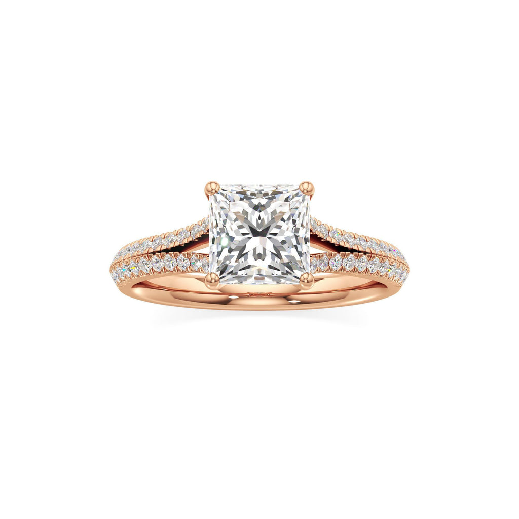 2 ct Split Shank Pavé Ring, IGI Certified Lab Grown Diamond, Four-Prong Solitaire 2ct Rose Gold Princess