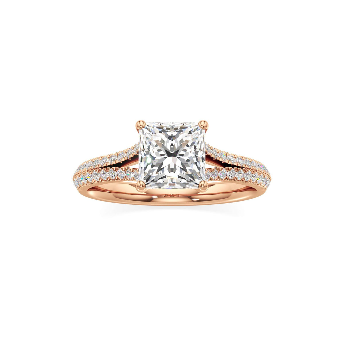 2 ct Split Shank Pavé Ring, IGI Certified Lab Grown Diamond, Four-Prong Solitaire 2ct Rose Gold Princess