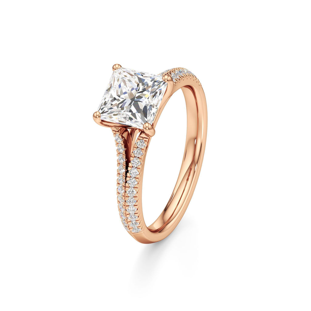 2 ct Split Shank Pavé Ring, IGI Certified Lab Grown Diamond, Four-Prong Solitaire 2ct Rose Gold Princess