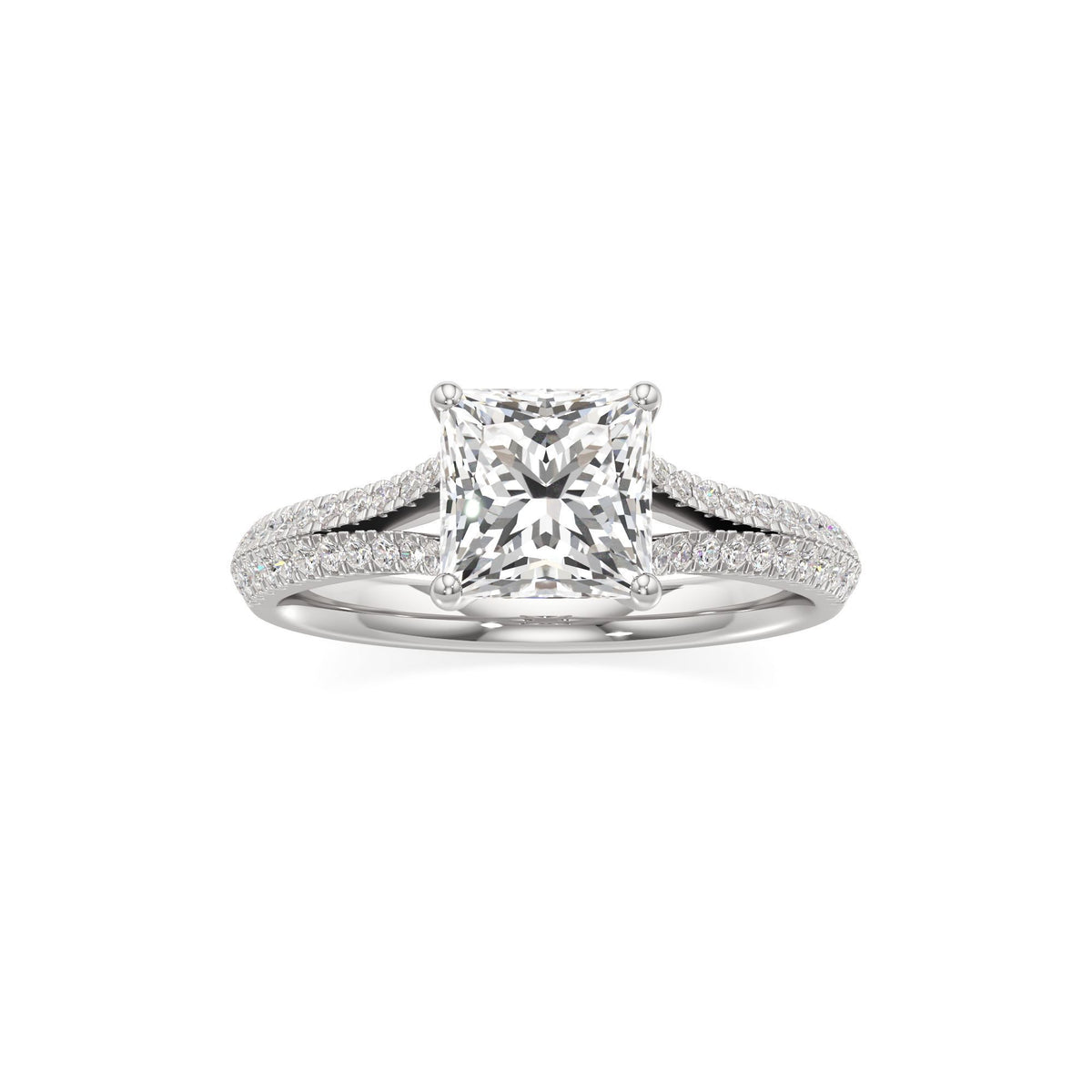 2 ct Split Shank Pavé Ring, IGI Certified Lab Grown Diamond, Four-Prong Solitaire 2ct White Gold Princess