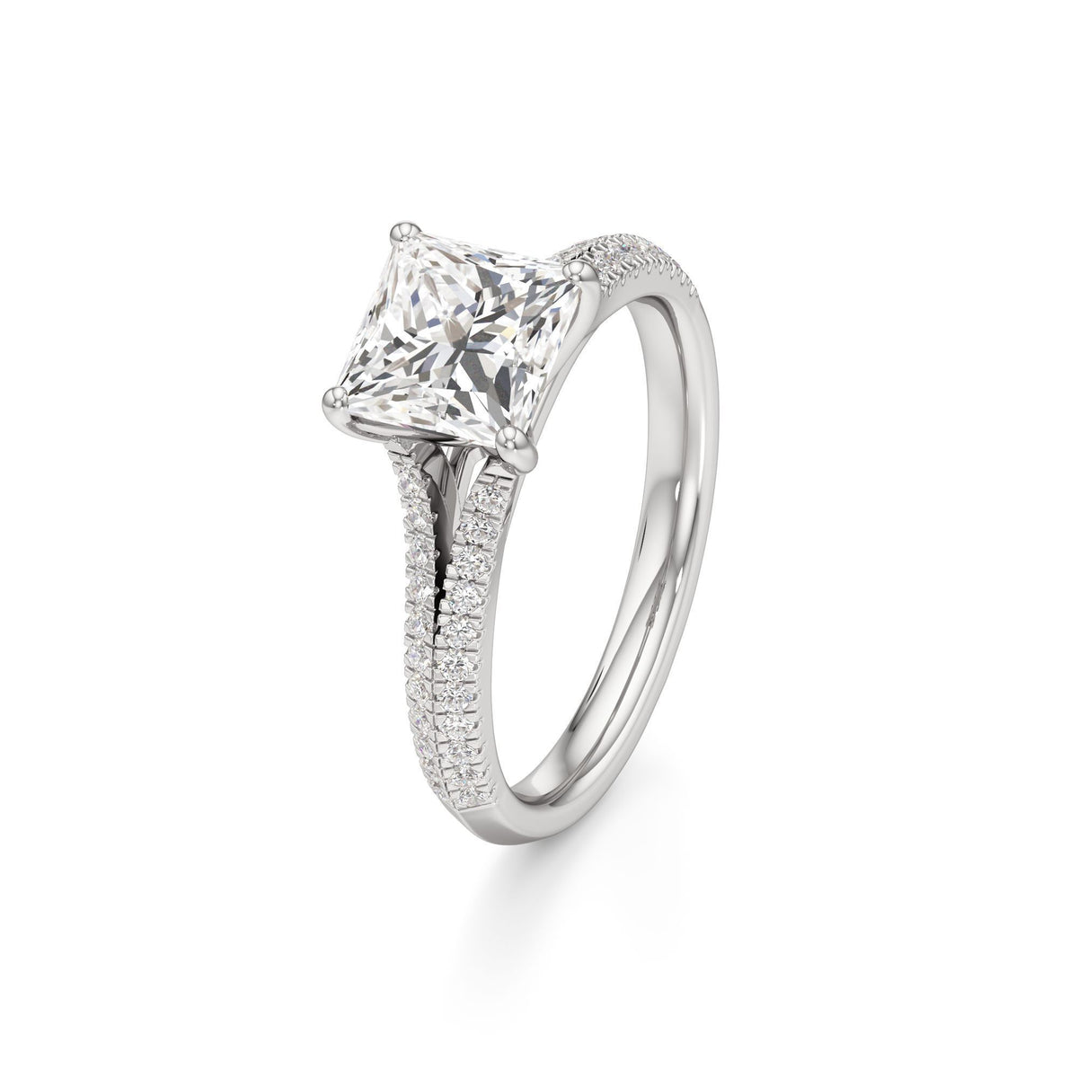 2 ct Split Shank Pavé Ring, IGI Certified Lab Grown Diamond, Four-Prong Solitaire 2ct White Gold Princess