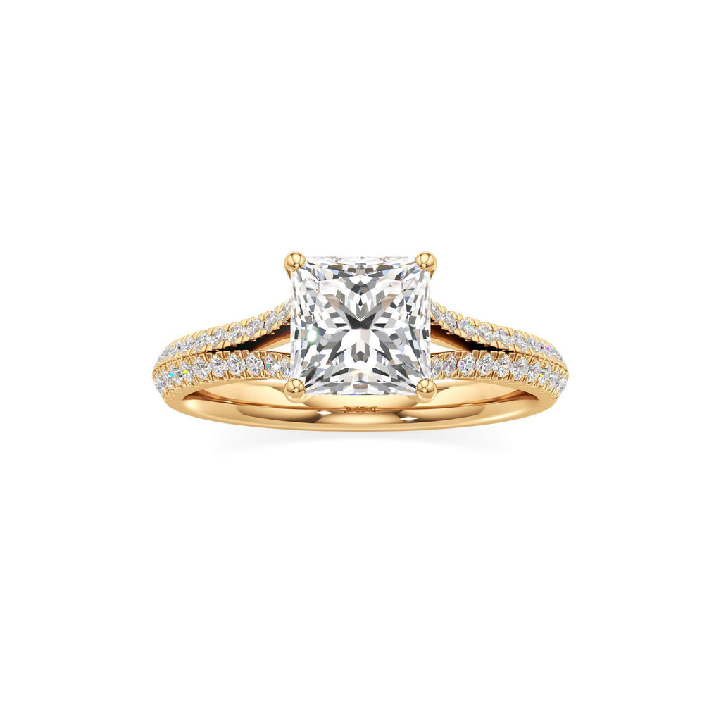 2 ct Split Shank Pavé Ring, IGI Certified Lab Grown Diamond, Four-Prong Solitaire 2ct Yellow Gold Princess