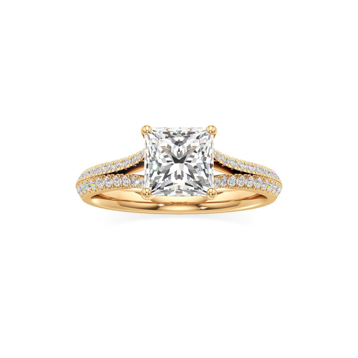 2 ct Split Shank Pavé Ring, IGI Certified Lab Grown Diamond, Four-Prong Solitaire 2ct Yellow Gold Princess