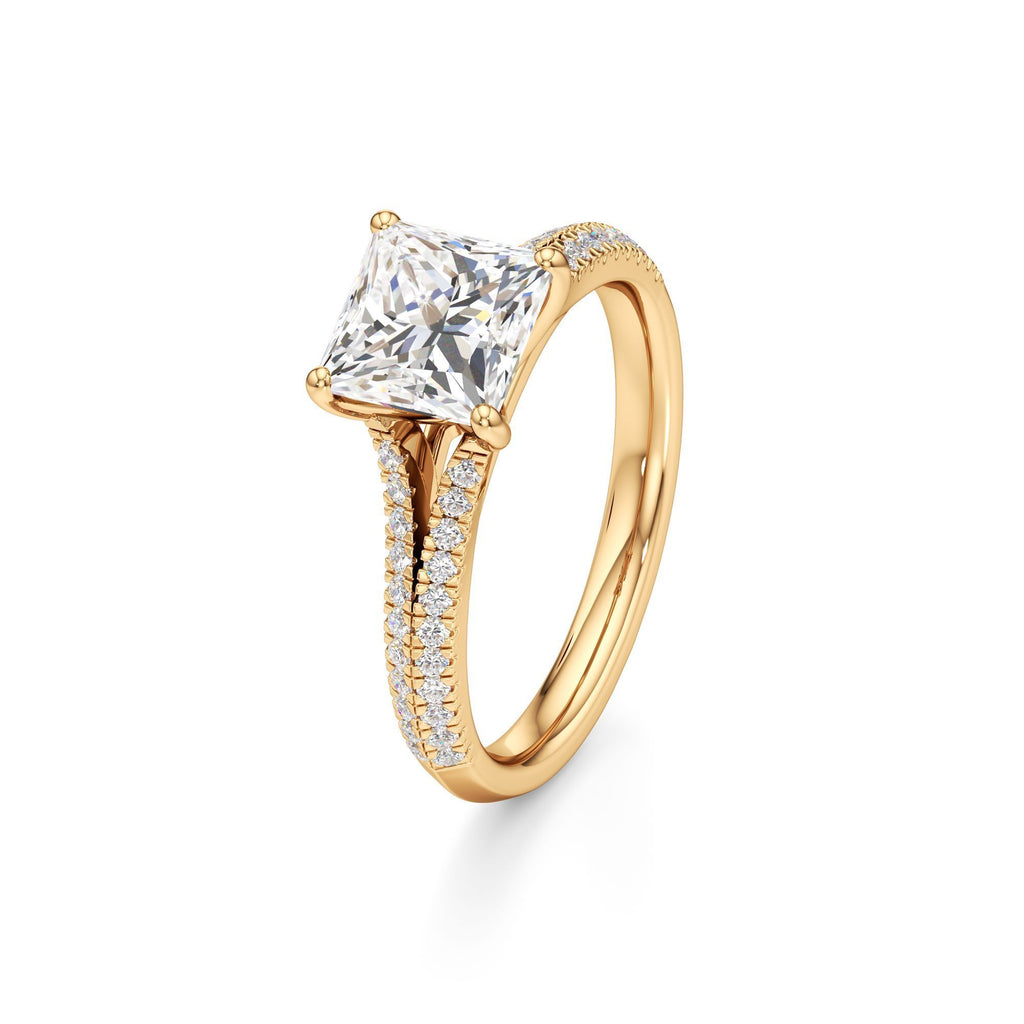 2 ct Split Shank Pavé Ring, IGI Certified Lab Grown Diamond, Four-Prong Solitaire 2ct Yellow Gold Princess