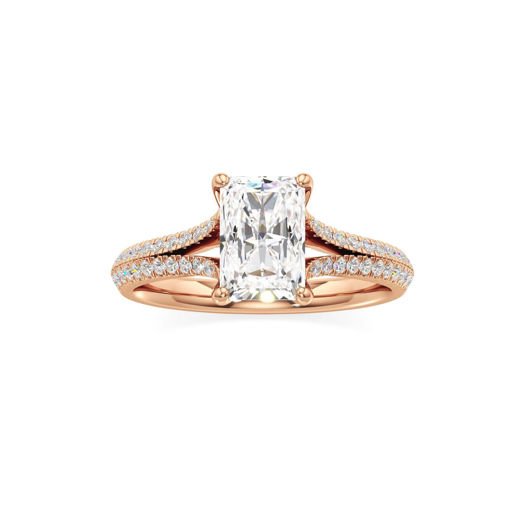 2 ct Split Shank Pavé Ring, IGI Certified Lab Grown Diamond, Four-Prong Solitaire 2ct Rose Gold Radiant