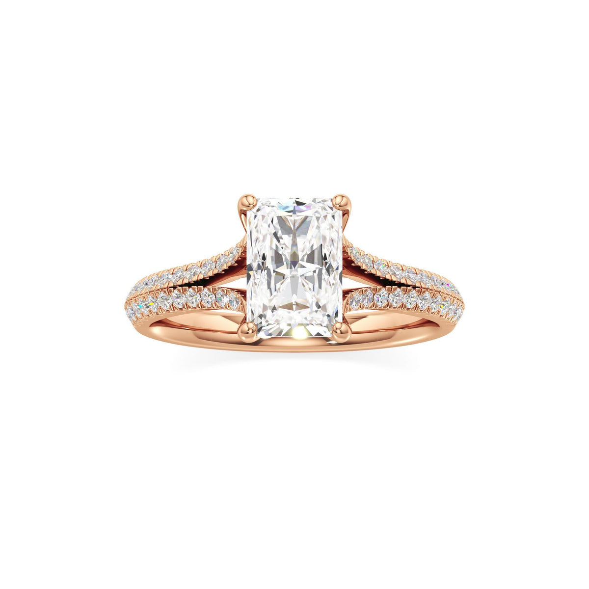 2 ct Split Shank Pavé Ring, IGI Certified Lab Grown Diamond, Four-Prong Solitaire 2ct Rose Gold Radiant