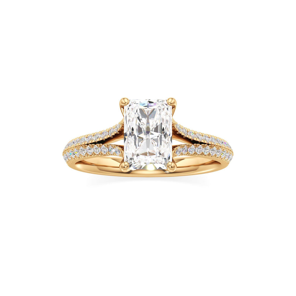 2 ct Split Shank Pavé Ring, IGI Certified Lab Grown Diamond, Four-Prong Solitaire 2ct Yellow Gold Radiant