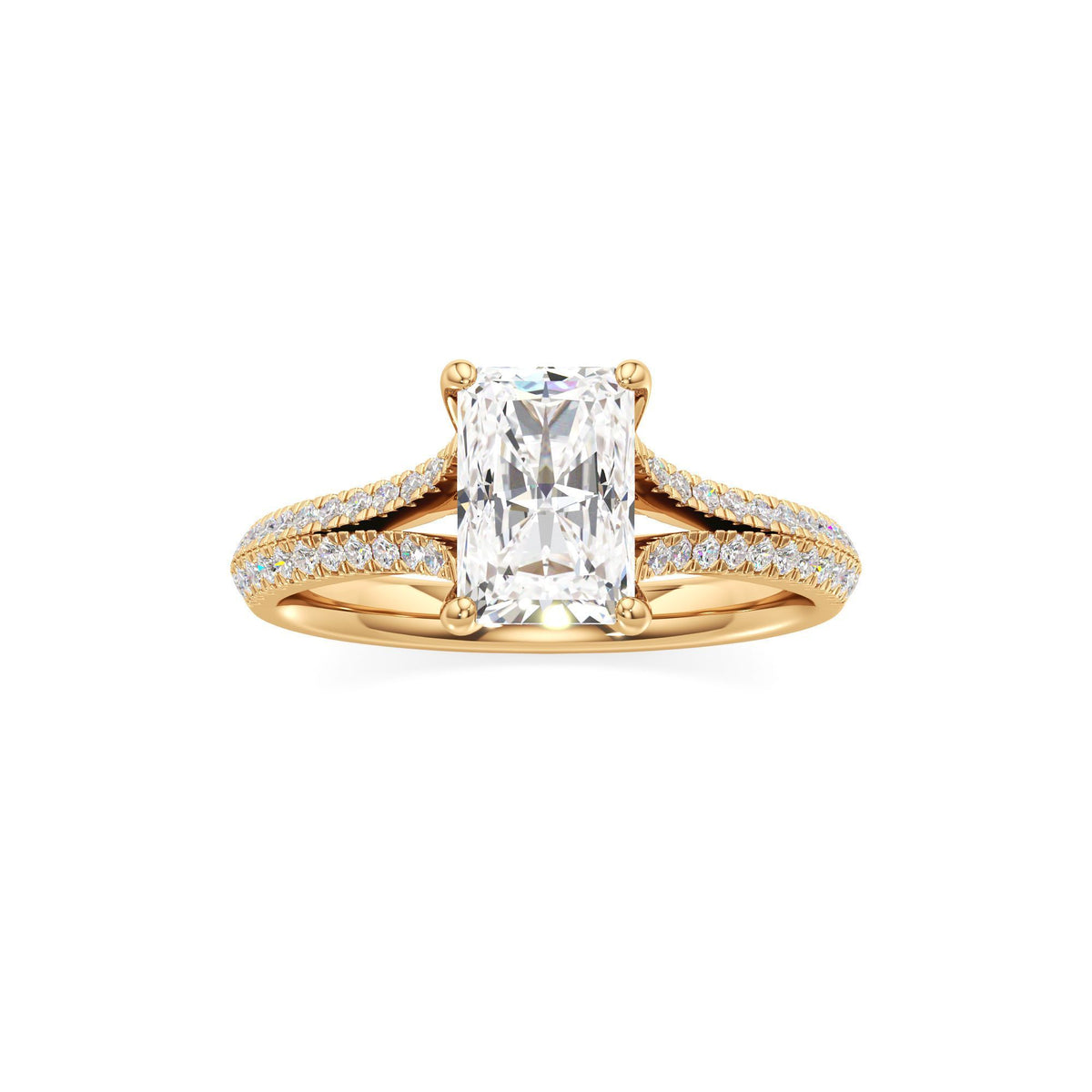 2 ct Split Shank Pavé Ring, IGI Certified Lab Grown Diamond, Four-Prong Solitaire 2ct Yellow Gold Radiant