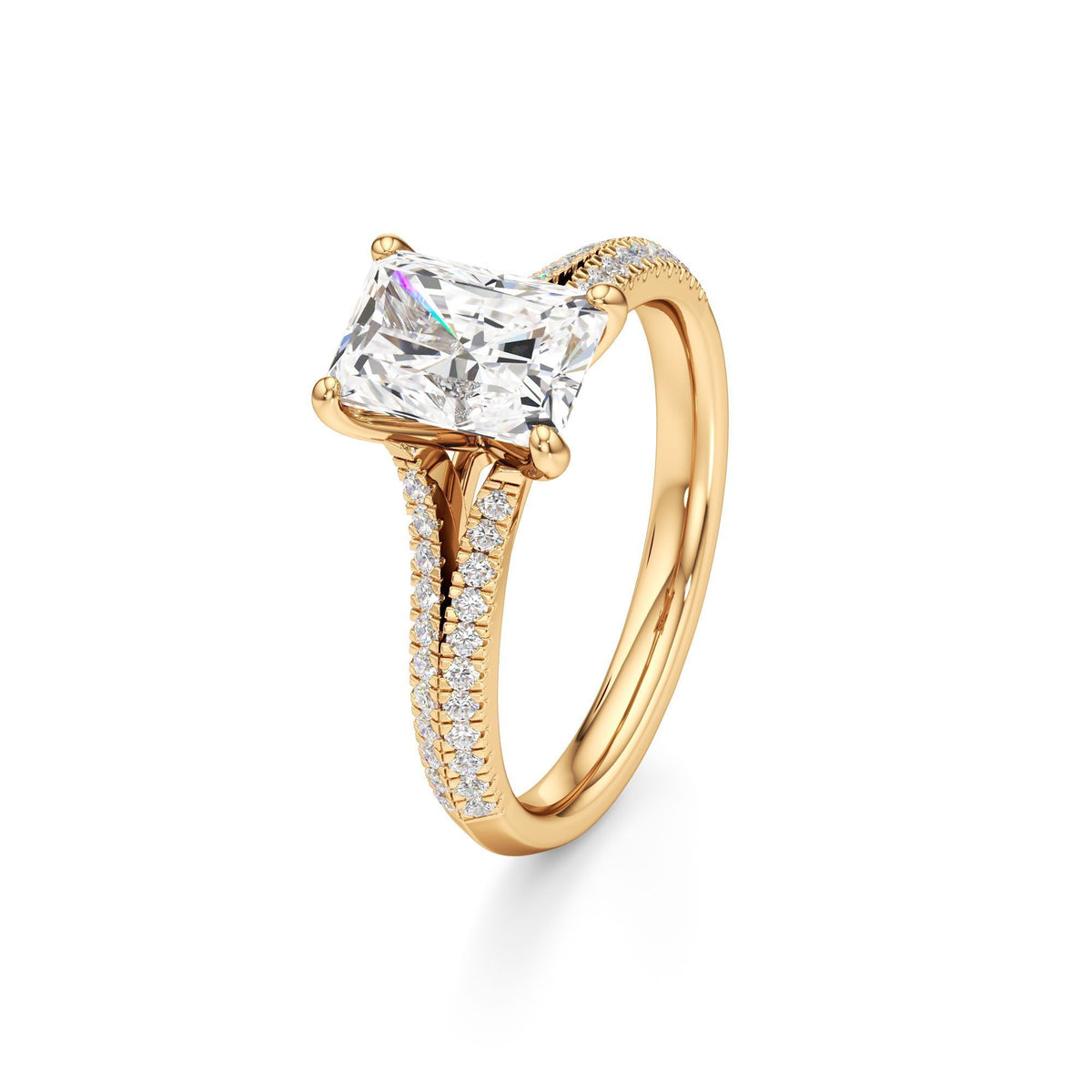 2 ct Split Shank Pavé Ring, IGI Certified Lab Grown Diamond, Four-Prong Solitaire 2ct Yellow Gold Radiant