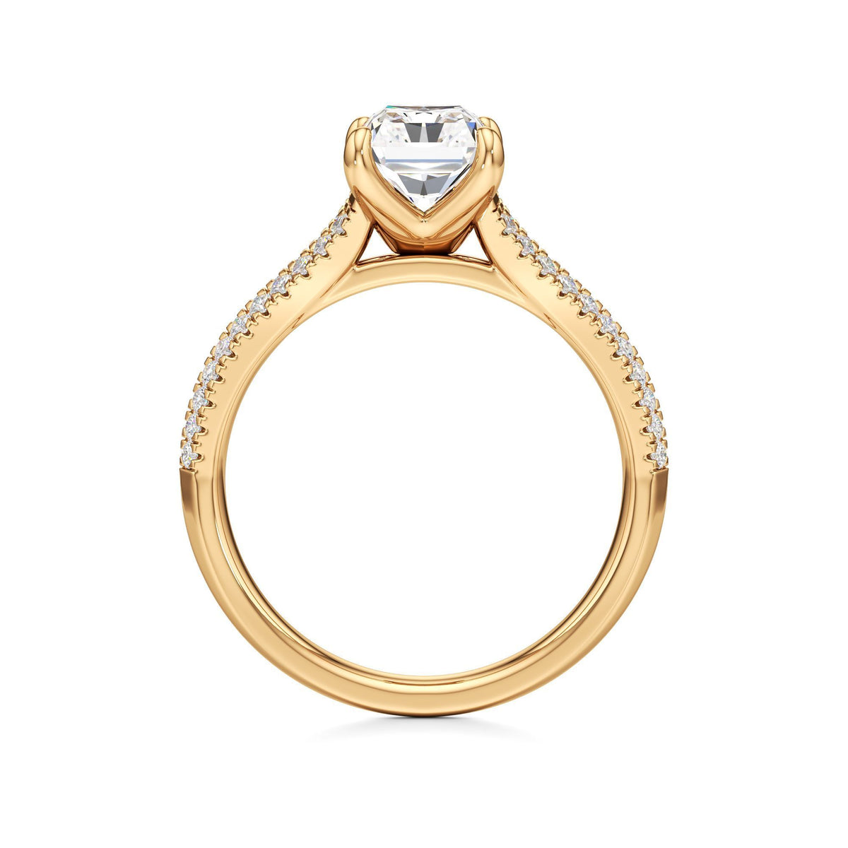 2 ct Split Shank Pavé Ring, IGI Certified Lab Grown Diamond, Four-Prong Solitaire 2ct Yellow Gold Radiant
