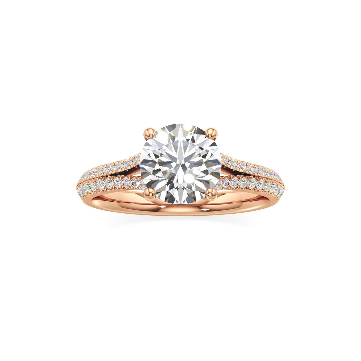 2 ct Split Shank Pavé Ring, IGI Certified Lab Grown Diamond, Four-Prong Solitaire 2ct Rose Gold Round