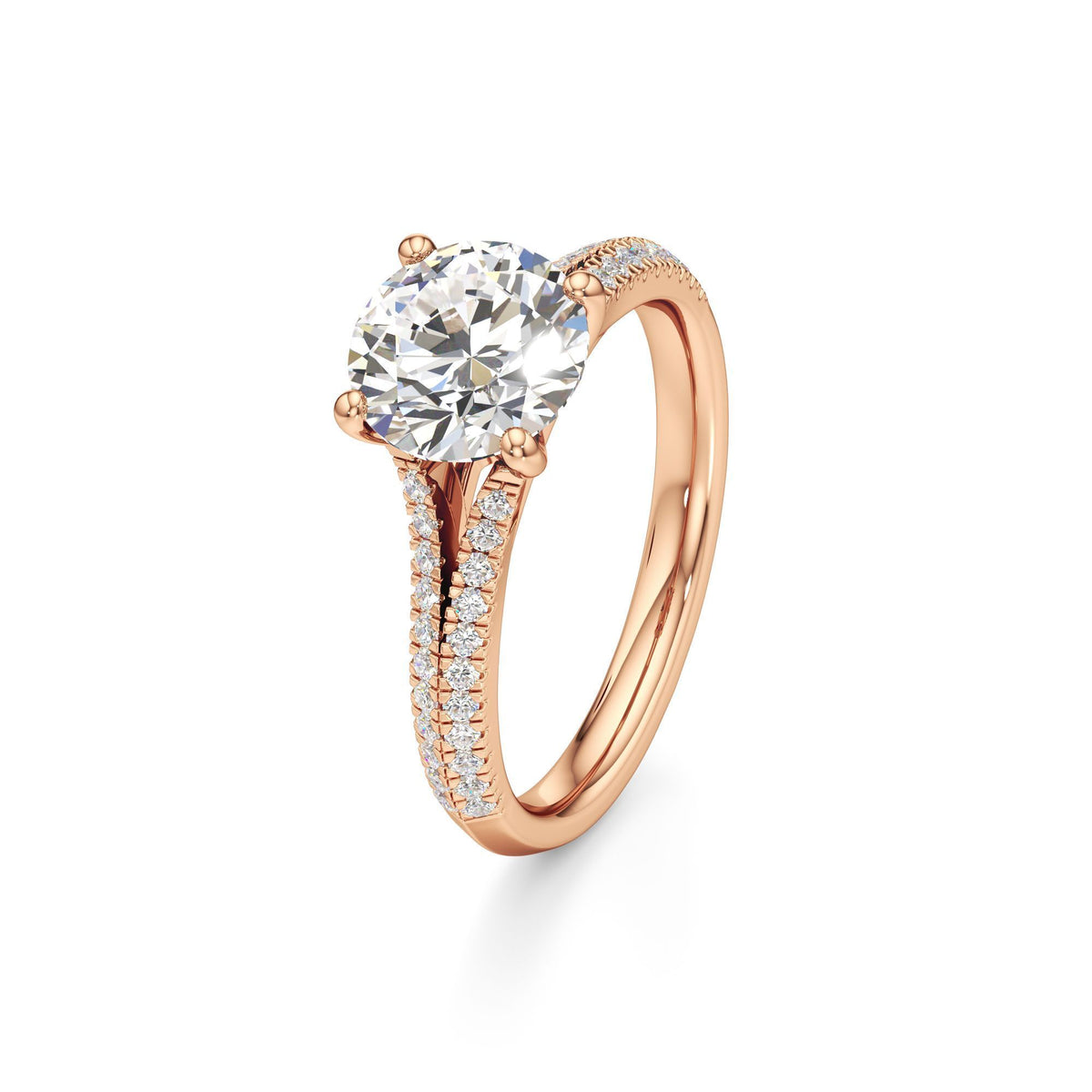 2 ct Split Shank Pavé Ring, IGI Certified Lab Grown Diamond, Four-Prong Solitaire 2ct Rose Gold Round