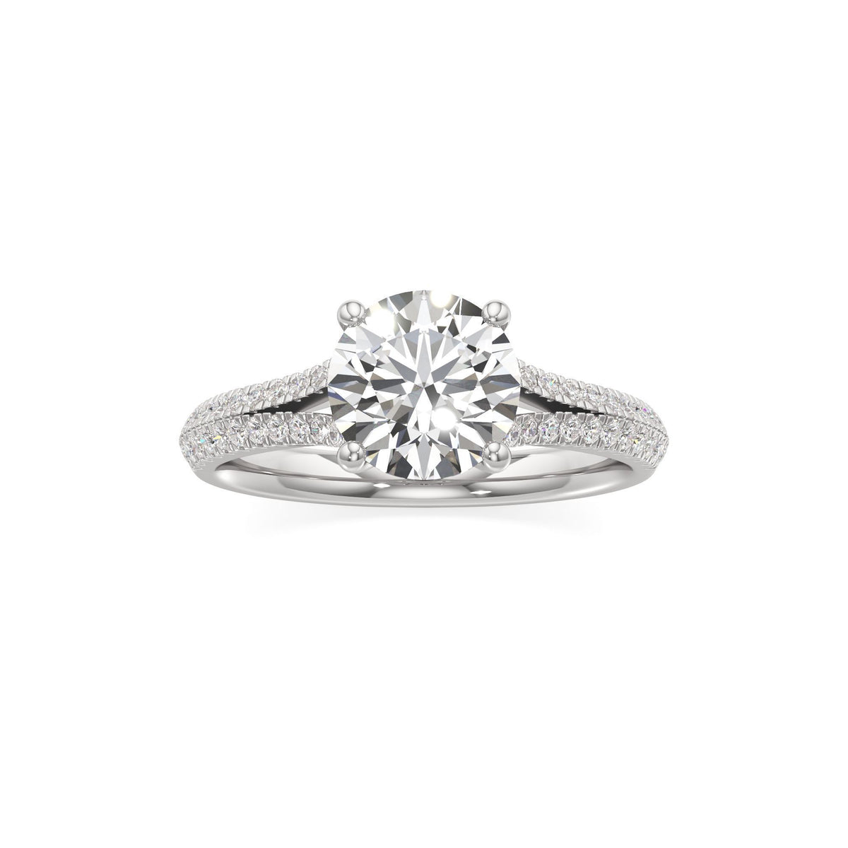2 ct Split Shank Pavé Ring, IGI Certified Lab Grown Diamond, Four-Prong Solitaire 2ct White Gold Round