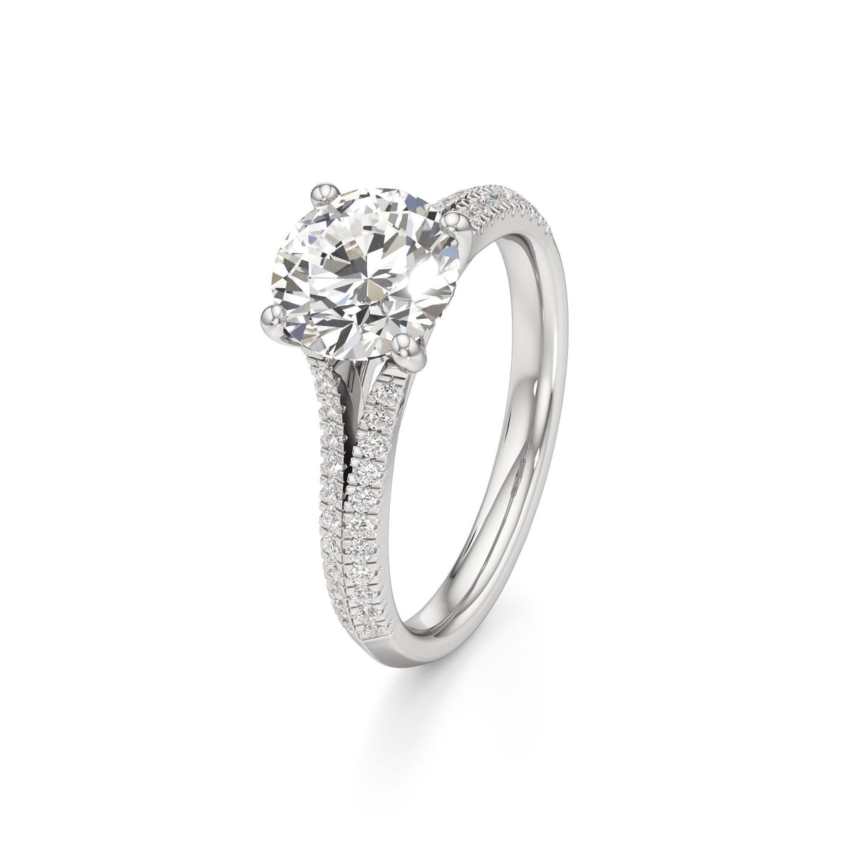 2 ct Split Shank Pavé Ring, IGI Certified Lab Grown Diamond, Four-Prong Solitaire 2ct White Gold Round