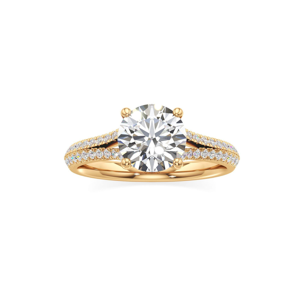 2 ct Split Shank Pavé Ring, IGI Certified Lab Grown Diamond, Four-Prong Solitaire 2ct Yellow Gold Round