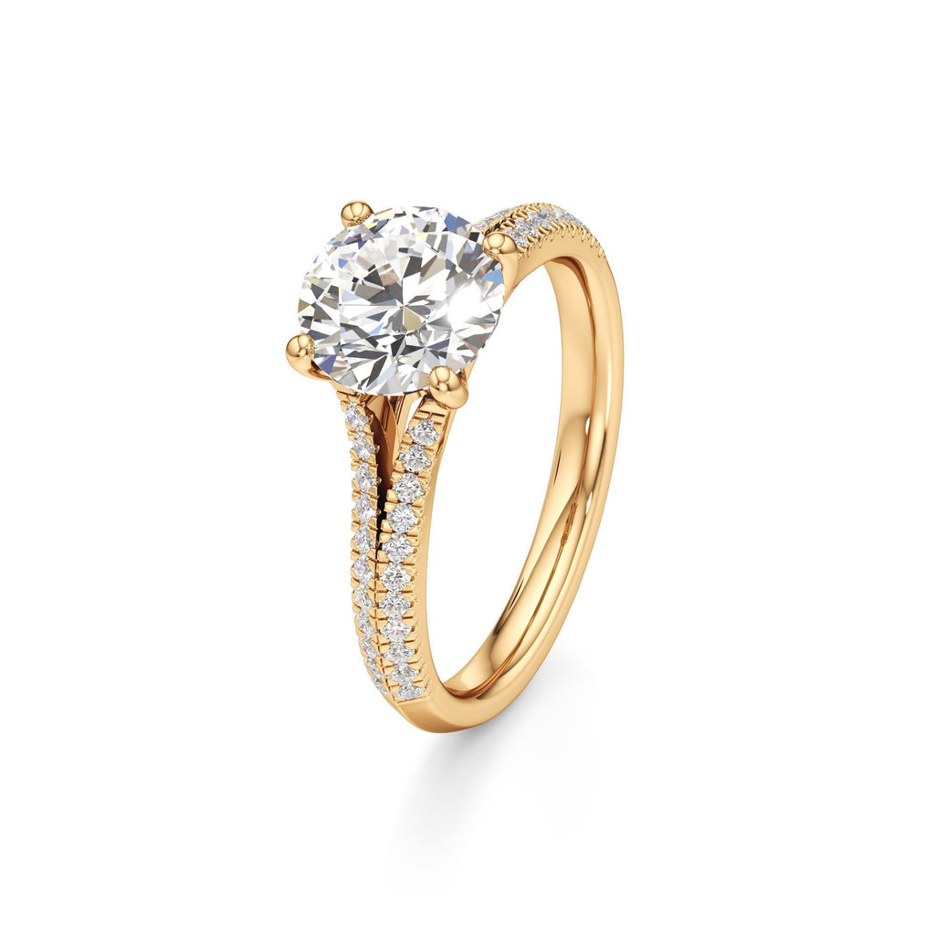 2 ct Split Shank Pavé Ring, IGI Certified Lab Grown Diamond, Four-Prong Solitaire 2ct Yellow Gold Round