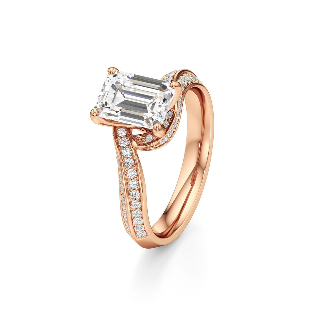 2.00 ct Swirl Engagement Ring, IGI Certified Lab Grown Diamond, Double Pavé Band 2ct Rose Gold Emerald