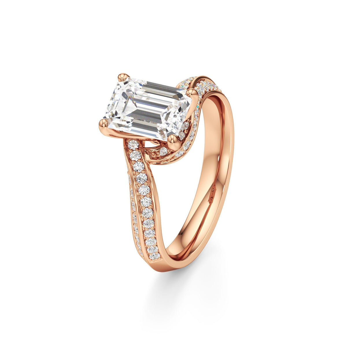 2.00 ct Swirl Engagement Ring, IGI Certified Lab Grown Diamond, Double Pavé Band 2ct Rose Gold Emerald