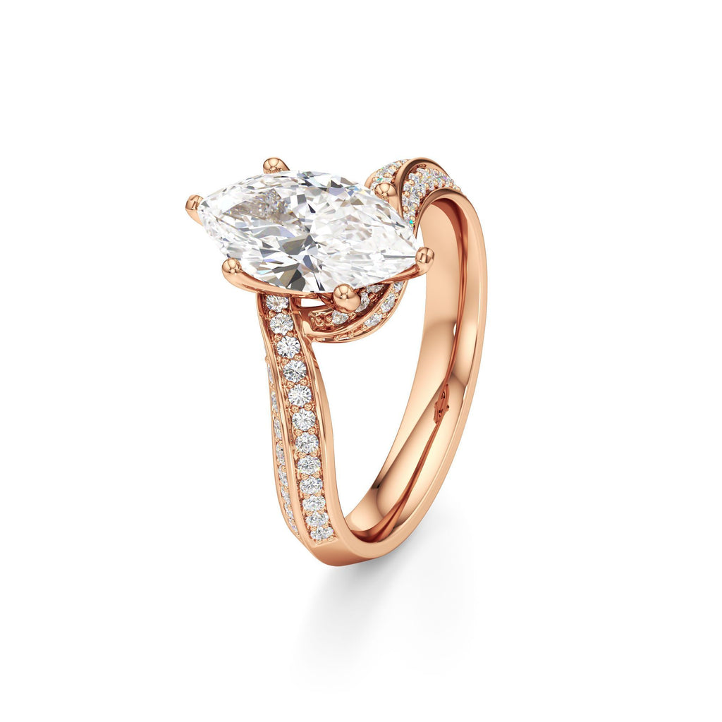 2.00 ct Swirl Engagement Ring, IGI Certified Lab Grown Diamond, Double Pavé Band 2ct Rose Gold Marquise
