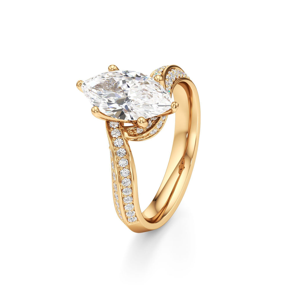 2.00 ct Swirl Engagement Ring, IGI Certified Lab Grown Diamond, Double Pavé Band 2ct Yellow Gold Marquise