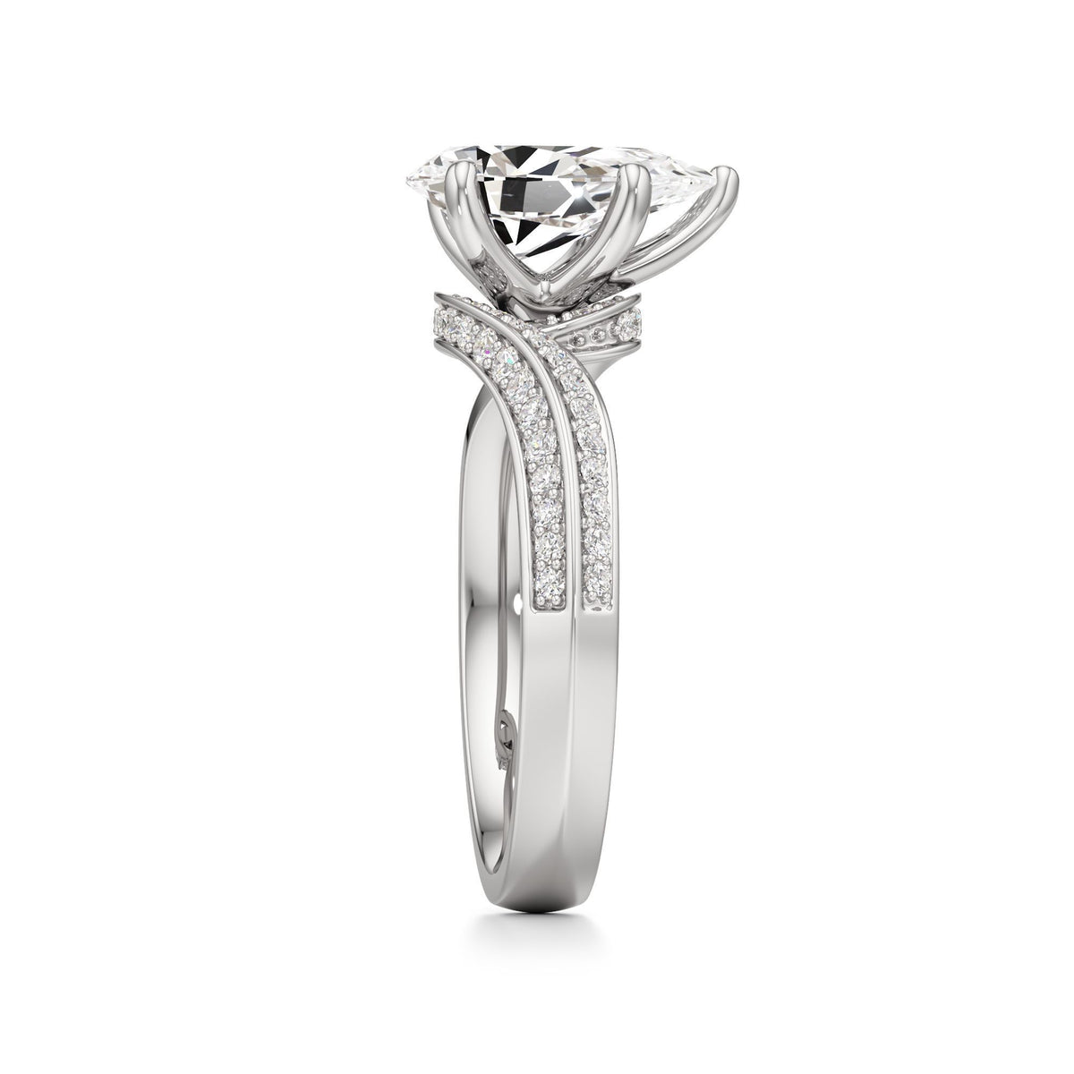 2.00 ct Swirl Engagement Ring, IGI Certified Lab Grown Diamond, Double Pavé Band 2ct White Gold Pear