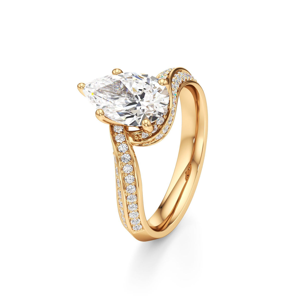 2.00 ct Swirl Engagement Ring, IGI Certified Lab Grown Diamond, Double Pavé Band 2ct Yellow Gold Pear