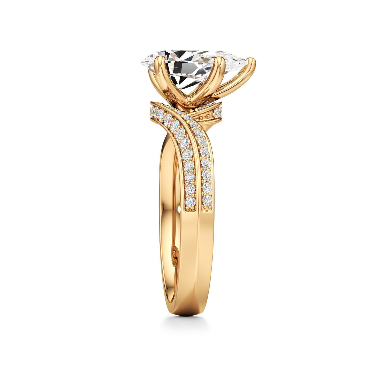 2.00 ct Swirl Engagement Ring, IGI Certified Lab Grown Diamond, Double Pavé Band 2ct Yellow Gold Pear