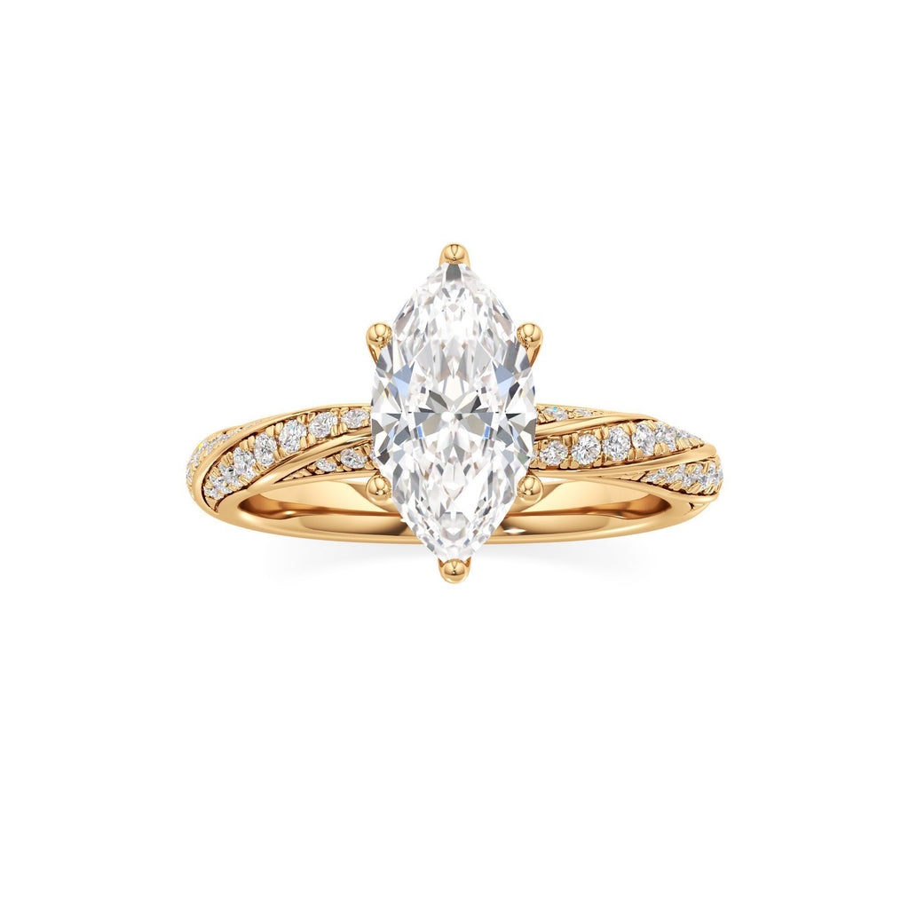 2.00 ct Twisted Pavé Ring, IGI Certified Lab Grown Diamond, Woven Solitaire 2ct Yellow Gold Marquise