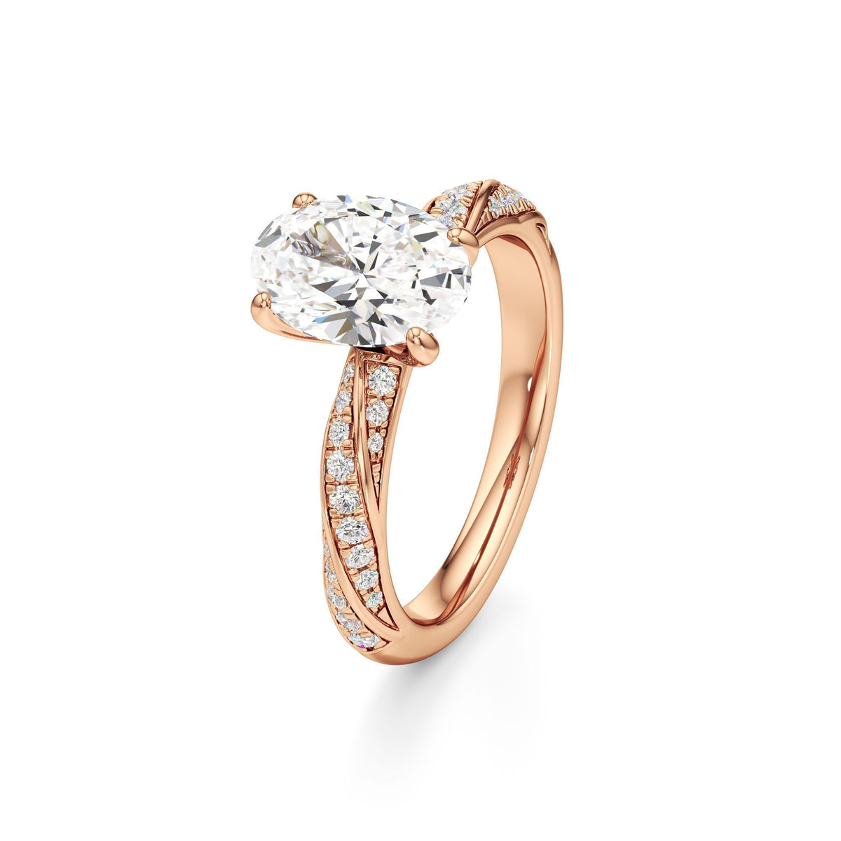 2.00 ct Twisted Pavé Ring, IGI Certified Lab Grown Diamond, Woven Solitaire 2ct Rose Gold Oval